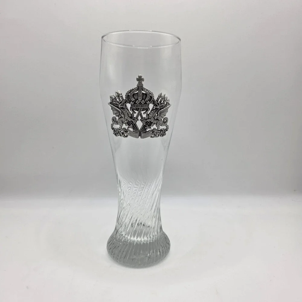 Tall‎ Pilsner Beer Glass With Metal Royal Crest Crown Emblem Medieval Dragon